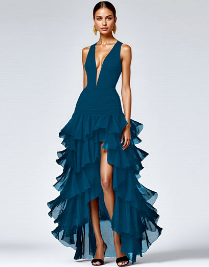 Black A Line Deep V-Neck Tiered Long Formal Dress with Slit