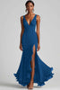 Load image into Gallery viewer, Ink Blue Chiffon V-Neck Long Formal Dress with Slit