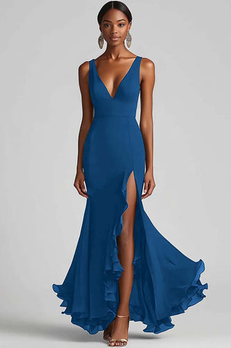 Ink Blue Chiffon V-Neck Long Formal Dress with Slit