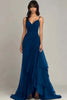 Load image into Gallery viewer, Ink Blue Spaghetti Straps Ruched Chiffon Long Formal Dress