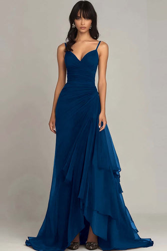 Ink Blue Spaghetti Straps Ruched Chiffon Long Formal Dress