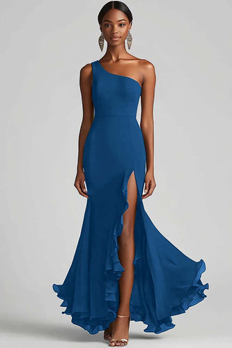 Ink Blue Mermaid Chiffon Long Formal Dress with Slit