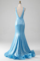Load image into Gallery viewer, Glitter Blue V-neck Mermaid Formal Dress