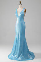 Load image into Gallery viewer, Glitter Blue V-neck Mermaid Formal Dress