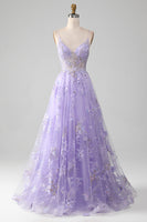 Load image into Gallery viewer, Tulle Spaghetti Straps Purple Sequins Formal Dress with Appliques