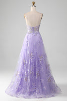 Load image into Gallery viewer, Tulle Spaghetti Straps Purple Sequins Formal Dress with Appliques