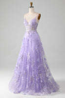 Load image into Gallery viewer, Tulle Spaghetti Straps Purple Sequins Formal Dress with Appliques
