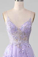 Load image into Gallery viewer, Tulle Spaghetti Straps Purple Sequins Formal Dress with Appliques