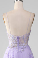 Load image into Gallery viewer, Tulle Spaghetti Straps Purple Sequins Formal Dress with Appliques