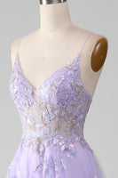 Load image into Gallery viewer, Tulle Spaghetti Straps Purple Sequins Formal Dress with Appliques