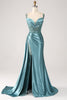 Load image into Gallery viewer, Blue Mermaid Satin Ruched Long Corset Formal Dress With Appliques