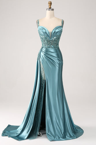 Blue Mermaid Satin Ruched Long Corset Formal Dress With Appliques