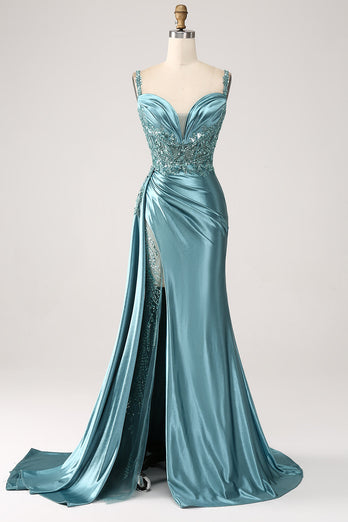 Blue Mermaid Satin Ruched Long Corset Formal Dress With Appliques