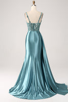 Load image into Gallery viewer, Blue Mermaid Satin Ruched Long Corset Formal Dress With Appliques