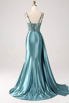 Blue Mermaid Satin Ruched Long Corset Formal Dress With Appliques