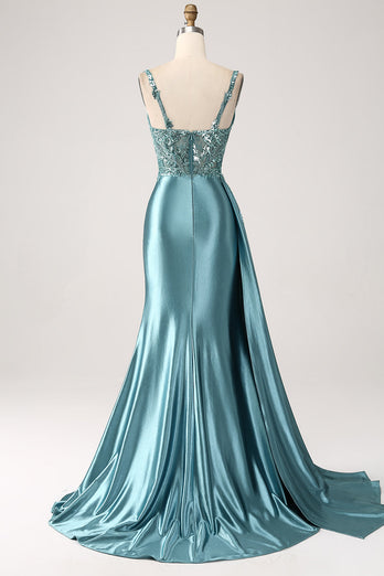 Blue Mermaid Satin Ruched Long Corset Formal Dress With Appliques