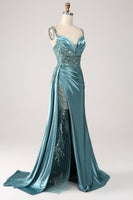 Load image into Gallery viewer, Blue Mermaid Satin Ruched Long Corset Formal Dress With Appliques