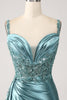 Load image into Gallery viewer, Blue Mermaid Satin Ruched Long Corset Formal Dress With Appliques