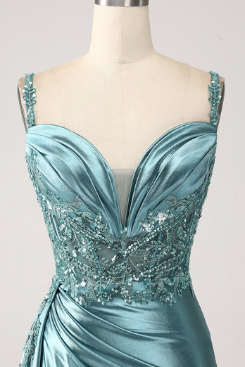 Blue Mermaid Satin Ruched Long Corset Formal Dress With Appliques