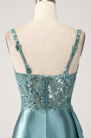 Load image into Gallery viewer, Blue Mermaid Satin Ruched Long Corset Formal Dress With Appliques