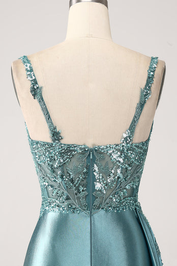 Blue Mermaid Satin Ruched Long Corset Formal Dress With Appliques
