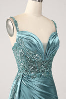 Load image into Gallery viewer, Blue Mermaid Satin Ruched Long Corset Formal Dress With Appliques