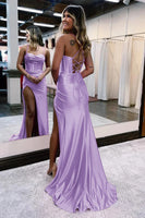 Load image into Gallery viewer, Fuchsia Spaghetti Straps Satin Mermaid Formal Dress with Slit