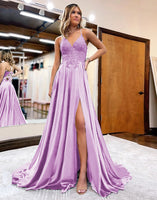 Load image into Gallery viewer, Dark Green Satin A-Line Appliques Formal Dress with Slit