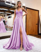 Load image into Gallery viewer, Red Satin A-Line Appliques Formal Dress with Slit