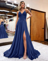 Load image into Gallery viewer, Dark Green Satin A-Line Appliques Formal Dress with Slit