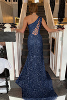 Load image into Gallery viewer, Sheath One Shoulder White Sequins Long Formal Dress with Split Front