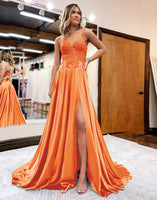 Load image into Gallery viewer, Dark Green Satin A-Line Appliques Formal Dress with Slit