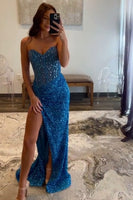 Load image into Gallery viewer, Sparkly Blue Corset Sequins Long Formal Dress with Beading