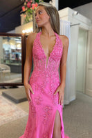 Load image into Gallery viewer, Sparkly Red Halter Mermaid Long Lace Formal Dress with Slit