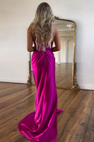 Load image into Gallery viewer, Sparkly Fuchsia Mermaid Corset Long Satin Formal Dress with Slit