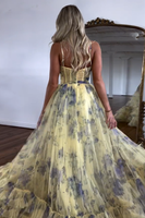 Load image into Gallery viewer, Yellow A-Line Tiered Floral Long Formal Dress with Ruffles