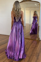 Load image into Gallery viewer, Purple Metallic A-Line Strapless Pleated Long Formal Dress with Slit
