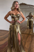 Load image into Gallery viewer, Sparkly Gold Metallic A-Line Pleated Long Formal Dress with Slit