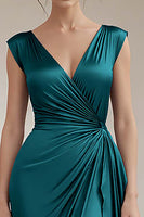 Load image into Gallery viewer, Peacock V-Neck Sheath Satin Long Formal Dress