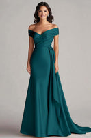 Load image into Gallery viewer, Peacock Off the Shoulder Mermaid Satin Long Formal Dress
