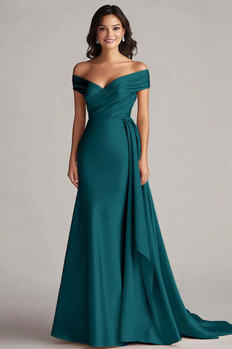 Peacock Off the Shoulder Mermaid Satin Long Formal Dress