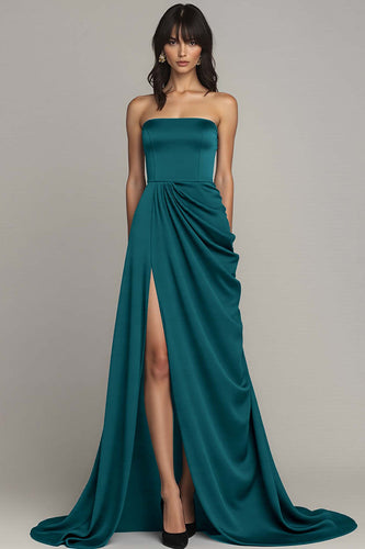 Peacock A Line Strapless Long Satin Formal Dress with Slit