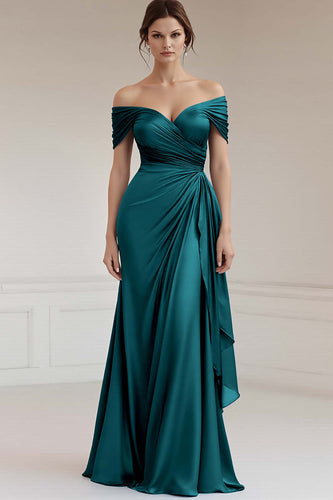 Peacock Sheath Satin Ruched Off the Shoulder Long Formal Dress