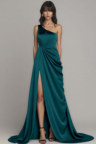 Peacock One Shoulder A Line Satin Ruched Long Formal Dress with Slit