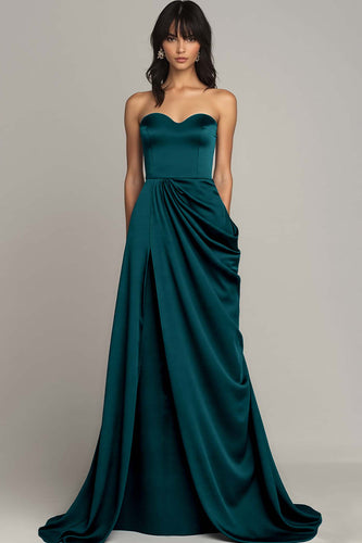 Peacock Satin A Line Strapless Long Formal Dress with Slit