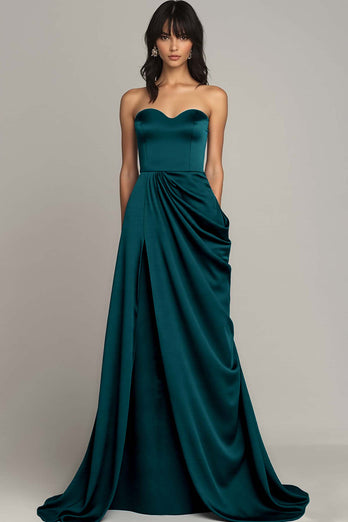 Peacock Satin A Line Strapless Long Formal Dress with Slit