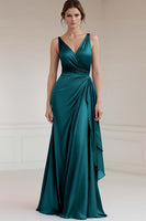Load image into Gallery viewer, Peacock Green Sheath Satin Ruched Long Formal Dress