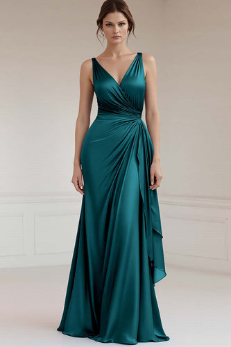 Peacock Green Sheath Satin Ruched Long Formal Dress