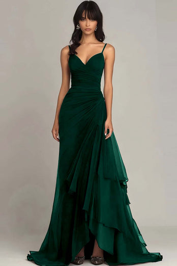 Ink Blue Spaghetti Straps Ruched Chiffon Long Formal Dress