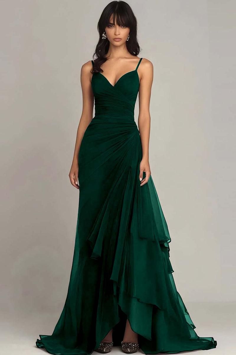 Load image into Gallery viewer, Ink Blue Spaghetti Straps Ruched Chiffon Long Formal Dress